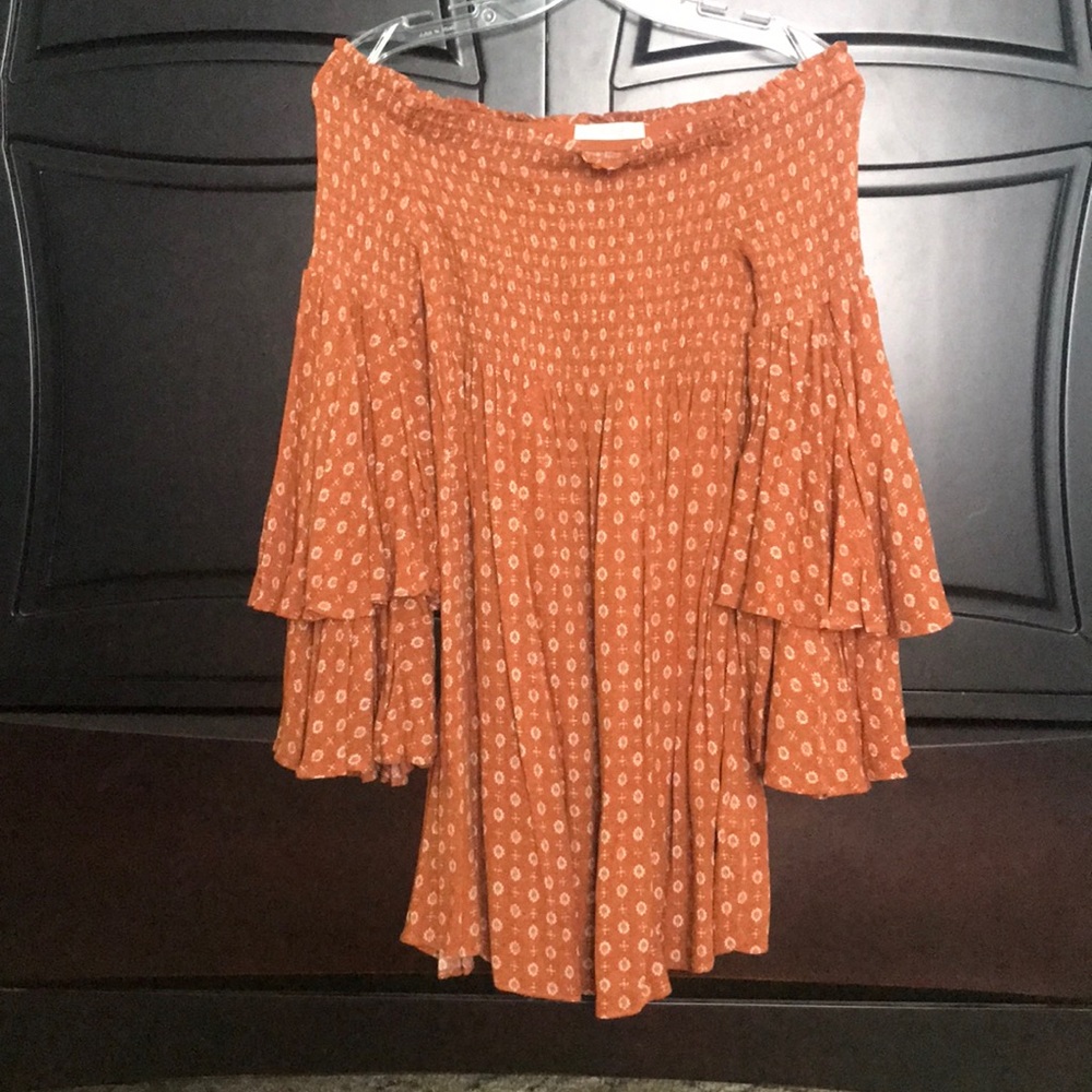 Off shoulder boho smock babydoll dress bell sleeve